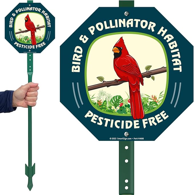 SmartSign 10 x 10 inch Bird & Pollinator Habitat, Pesticide Free Yard Sign & Stake Kit, 40 mil Laminated Rustproof Aluminum, 3 foot Stake, Set of 1, For Lawn, Garden