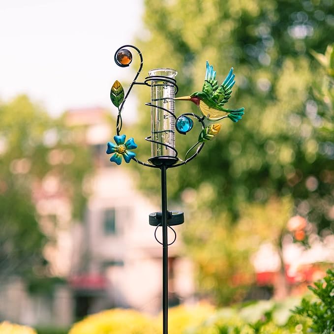 35'' Hummingbird Rain Gauge Outdoor - Solar Rain Gauges with LED Light for Yards, Lawns, Pathway, Patio (Colorful)