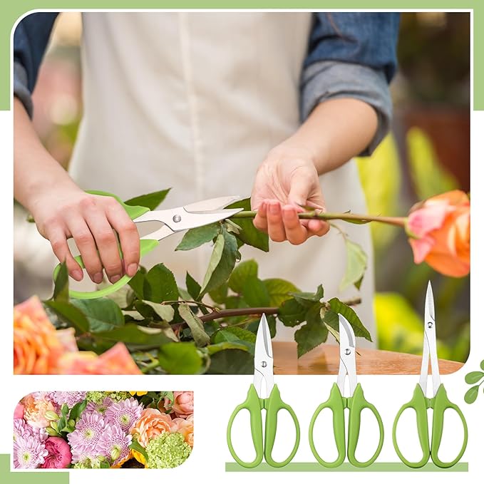 3 Pcs Garden Scissors Shears Trimming Scissors Pruning Floral Shears for Herb Flowers Plants with Straight and Curved Blade for Gardening (Curved,Straght,Bud)