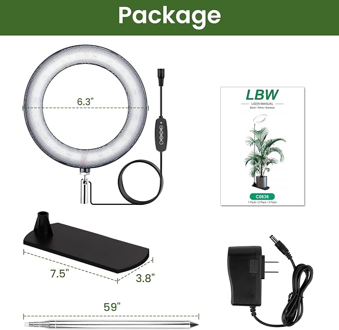 LBW Grow Lights for Indoor Plants, 6.3" Full Spectrum Plant Light with Base, 59" Height Adjustable Grow Lamp, 6/8/12/16H Auto Timer, 3 Colors, 5 Dimmable Levels, for Tall Large Plants, Black, 3 Pack