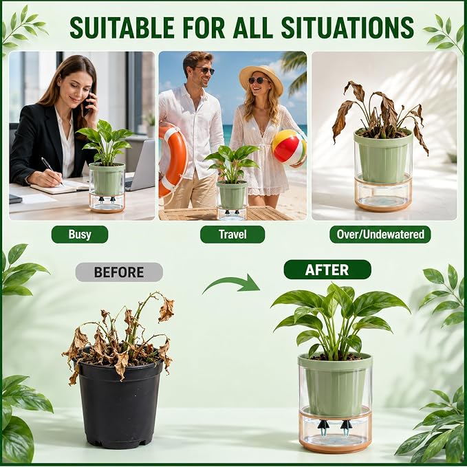 Self Watering Spikes for Indoor Plants, Automatic Plant Watering System for Vacation Care and Office Maintenance, 13-Piece Set with 12 Spikes and Absorbent Cotton Rope