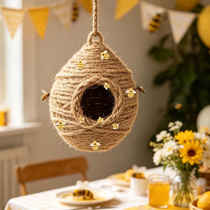 Bee Hive Decor Honey Pot Party Decorations Set, Crafts Jute Rope Natural Twine Tiny and Resin Honeybee for Bee Baby Shower Summer Home Decor Farmhouse Birthday Party Supplies