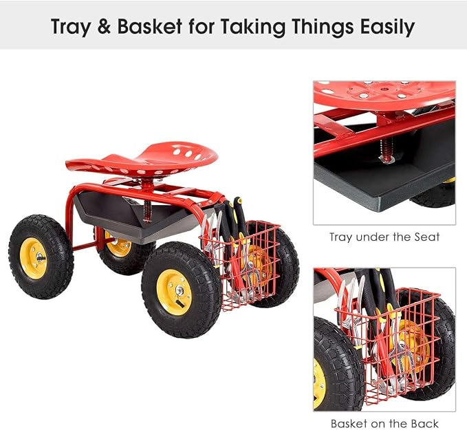 S AFSTAR Rolling Garden Seat, Outdoor Lawn Yard Patio Work Seat with Heavy Duty Wheels, Swivel Seat, Tool Tray & Basket, Garden Cart Wagon Scooter (Red)