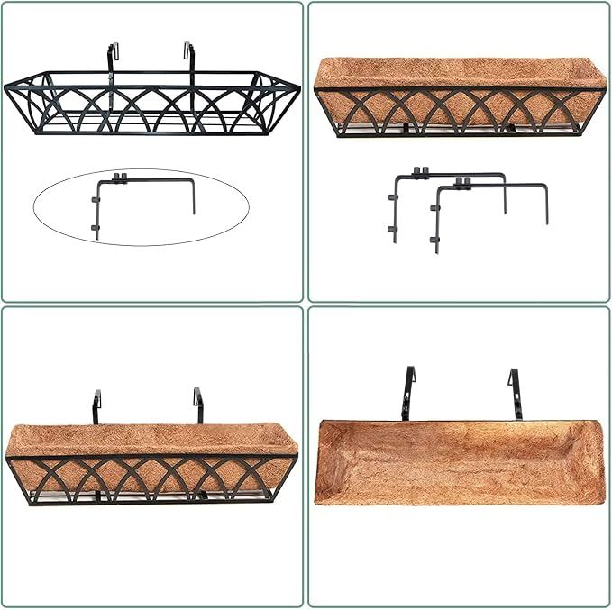 HFHOME 4 Pcs 30" Deck Railing Planter Box with Horse Trough Coco Liners, Black Window Box Hanging Flower Planters Baskets for Indoor, Outdoor, Balcony, Porch, Fence, Patio, and Lawn