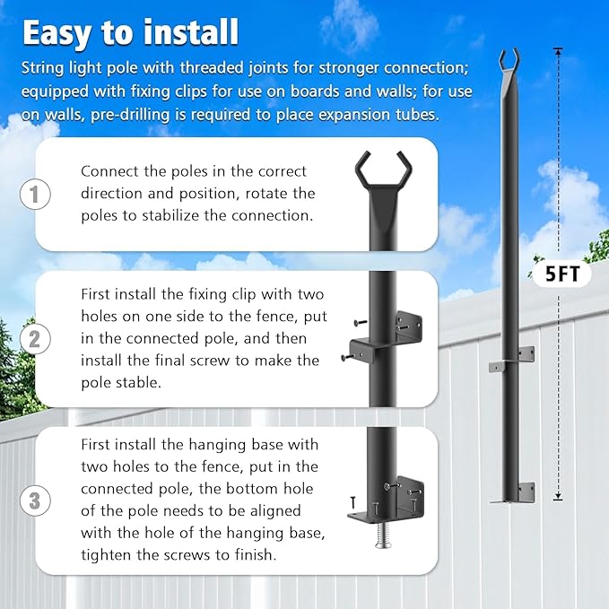 SINLEY 6 Pack 5Ft String Light Poles,Light Poles for Outside String Lights,Outdoor Light Poles with Fork,Metal Pole Stand for Patio,Backyard,Deck