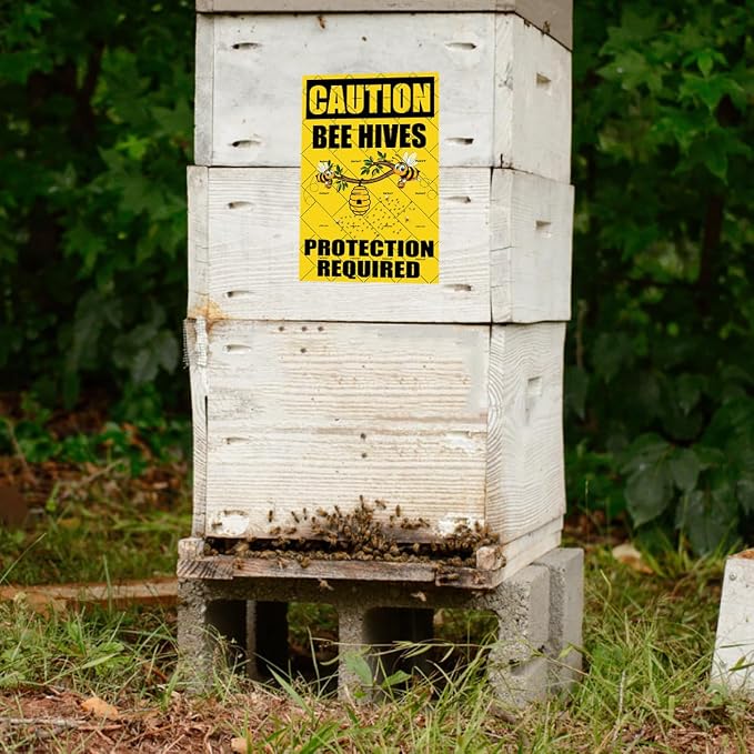 EMOHAT Caution Bee Hives Protection Required Metal Tin Sign, Beekeeping Apiary Warning Sign, 8x12 Inch Rustic Outdoor Theme Decor for Shed Garden Home Office