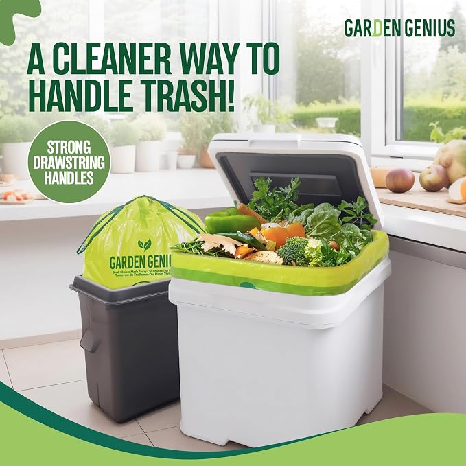 Biodegradable 13-17 Gallon Code-Q Trash Bags (50 Pack) | Strong Heavy-Duty Tall Green Kitchen Bags w/ Drawstring | Fits Simplehuman & Standard Cans | Eco-Friendly D2W, 30 Micron Thick | 25.6" x 33.5"