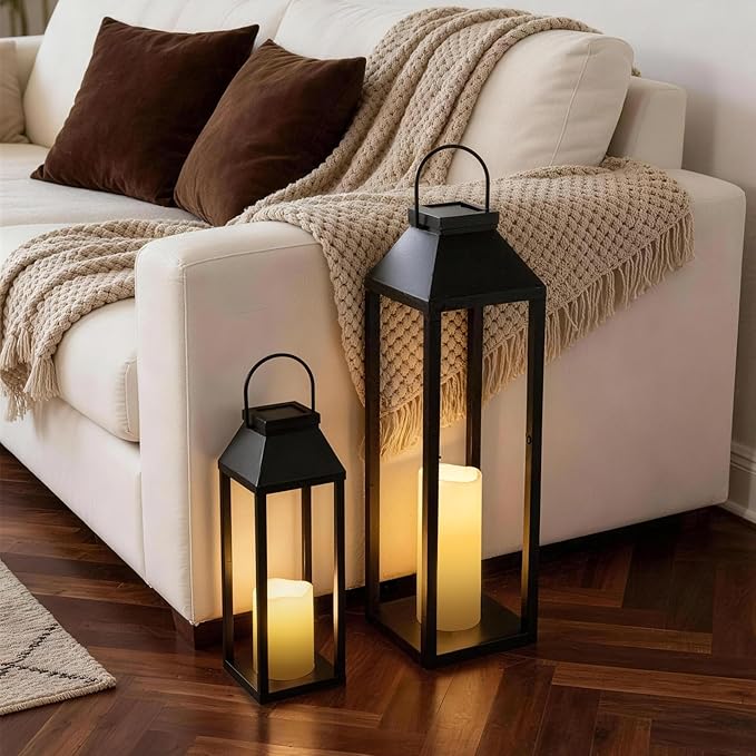 Large Outdoor Solar Lanterns Waterproof, Tall Farmhouse Black Metal Decorative Lanterns Solar Lights Outdoor for Front Porch Decor Outdoor Patio, Garden, Balcony, Porch, 27.6",16.3"-Set of 2