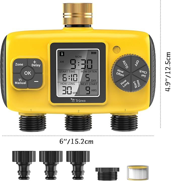 3 Zone Sprinkler Timer for Garden Hose,Garden Hose Timer with Brass Inlet,Programmable Automatic&Manual Irrigation System with LCD Display for Yard/Lawn/Pool,Rain Delay,IPX5 Waterproof