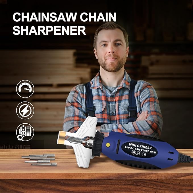 Electric Chainsaw Sharpener kit, Chainsaw Chain sharpener12V,DC 55W 25000PRM,with 5 Alloy Grinding Stones,File, 110V Convert 12V Outlet Power Adapter (ETJ007)