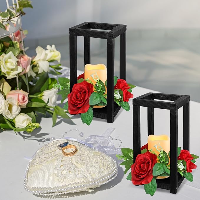 Hushee 30 Pcs Integrated Wedding Lantern Centerpiece Rustic Wooden Holder with Candles and Rings Farmhouse Candle Lantern Decor for Home Valentine Wedding Party Table Decor (Black and Red)