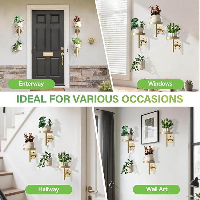 DELLAN Wall Plant Holder, 3 Pack Metal Wall Planters Stand Floating Shelves for Indoor Plants, Window Sill Plant Decor for Bedroom, Bathroom, Living Room, Home, Office, All Gold