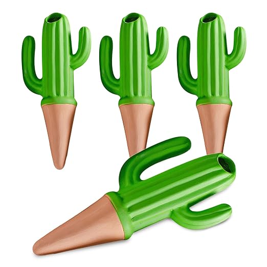 Joyeee 4 Pack Cactus Shaped Watering Spikes, Terracotta Self Watering Devices, Slow Release Waterer for Indoor Outdoor Potted Plants, Automatic Drip Irrigation for Vacations with 60ml Capacity, Green