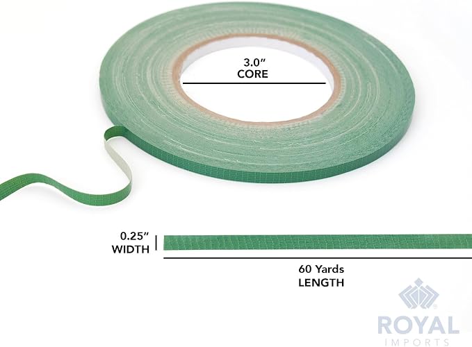 Royal Imports Floral Tape Green, Flower Stem Wrap Adhesive Waterproof Florist Tape for Decorative Bouquets Arranging and Crafts - 0.25" (60 Yd/180Ft) - 1 Roll