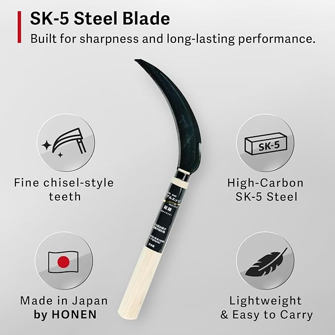 Japanese Harvest Sickle, Saw Sickle Hand Tool for Vegetable Harvesting, Rope Cutting and Field Work, Made in Japan by HOUNEN