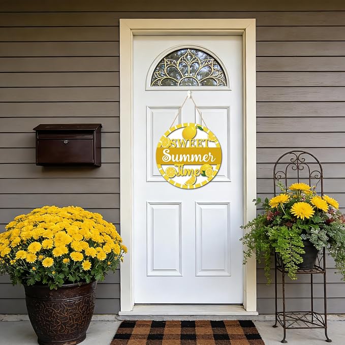 HOURIA 3D Lemon Wooden Door Sign,Sweet Summer Time Welcome Wreath Sign Front Door Decor,Summer Lemon Decorations for Home Kitchen Classroom,11.4"X11.4"