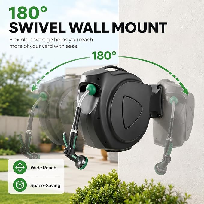 Retractable Garden Hose Reel, 78FT Wall Mounted Auto Rewind Water Hose Reel with 180° Swivel Bracket, Any Length Lock, Kink-Free Hose Guide, Multi-Pattern Spray Nozzle for Yard, Lawn & Outdoor