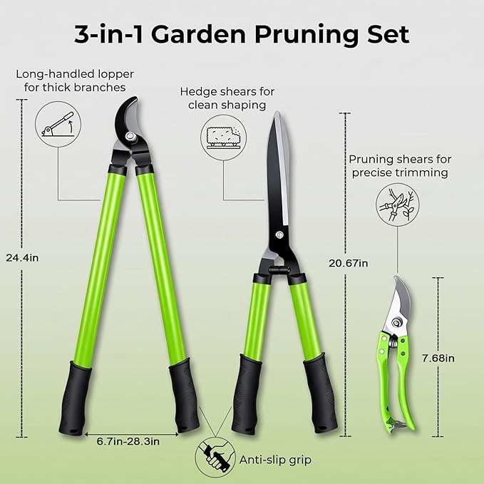 3 Piece Pruner Set with Long Shank Clippers, Hedge Clippers and Manual Pruning Shears for Patio Lawn Garden