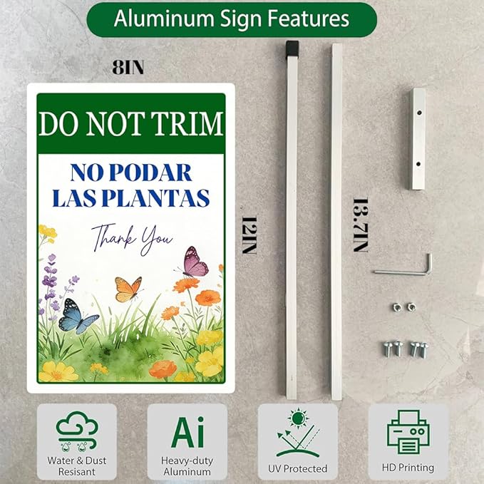 Do Not Trim No Podar Las Plantas Yard Sign With Stakes in English and Spanish Do Not Mow Rustproof Reflective Aluminum Pollinator Friendly Garden Sign Stand Outdoor 8X12 IN