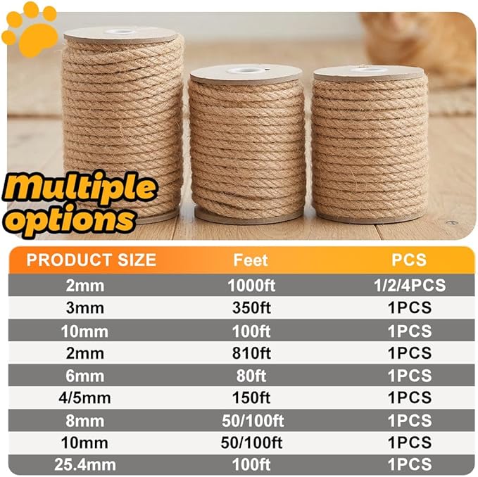 Jute Rope 10MM x 50FT Heavy Duty and Thick Twine Rope for Crafts Projects Gardening Bundling Cat Scratcher Scratching Post Tree Gift Wrapping Home Christmas Decoration (Brown 10mm* 50ft)