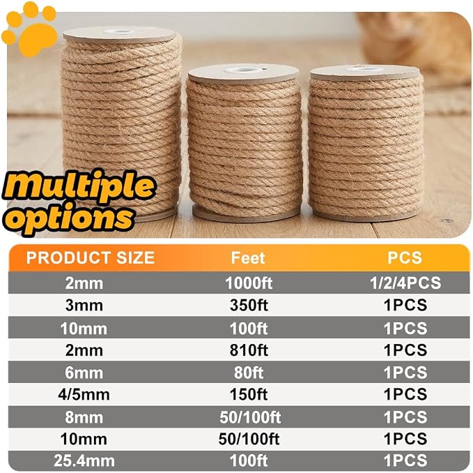 Jute Rope 8MM x 50FT Heavy Duty and Thick Twine Rope for Crafts Projects Gardening Bundling Cat Scratcher Scratching Post Tree Gift Wrapping Home Christmas Decoration (Brown 8mm* 50ft)