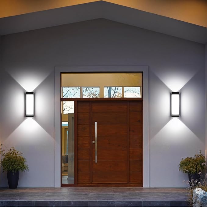 24W Outdoor Porch Lights Exterior Lighting Fixtures Wall Mount Rectangular Modern Patio Sconces 3000LM 6000K Aluminum Black IP65 for Garage House Front Door Entryway