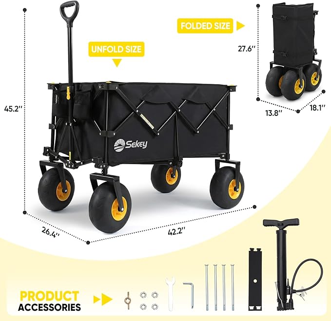 Sekey Heavy Duty Beach Wagon with 9" Big Sand-Proof Wheels โ 600lb Capacity, 200L Oversized Foldable Cart | Adjustable Handle & All-Terrain Tires for Sand, Camping, Groceries