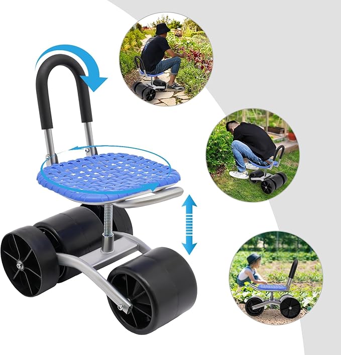 Garden Work Seat with Wheels, 360° Swivel Height Adjustable Rolling Garden Stool, Heavy Duty Garden Scooter with Galvanized Steel Frame for Planting, Picking, Weeding and Yard Work
