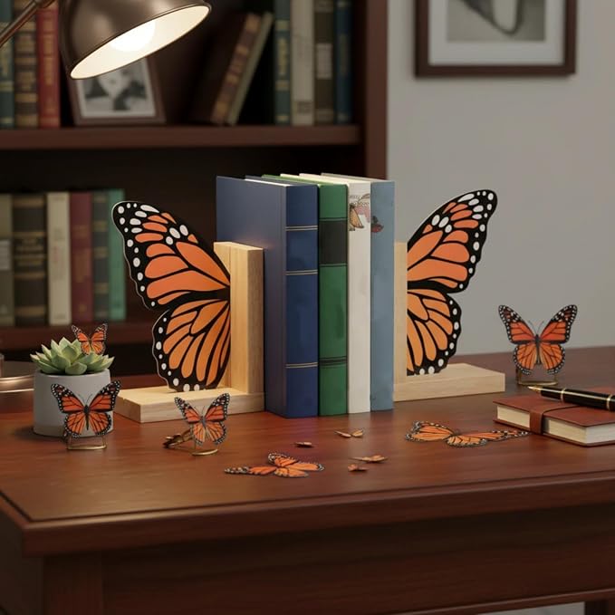 Decorative Butterfly Bookends Wooden Acrylic Butterflys Bookend Modern Bookshelf Decor Accent Book Stopper Decor for Home Farmhouse Shelves Office Lover Gift (Monarch Butterfly)