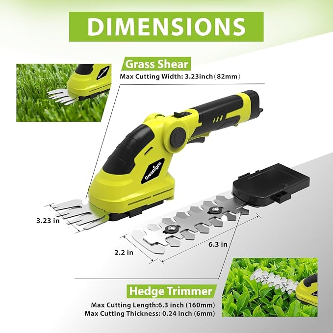 Grasstigon Hedge Trimmer Cordless Grass Shear Handheld Grass Trimmer, 2 in 1 Electric Bush Trimmer, 7.2V Lightweight Rechargeable Shrub Trimmer for Garden Yard Lawn, Type-C Cable Included (Green)