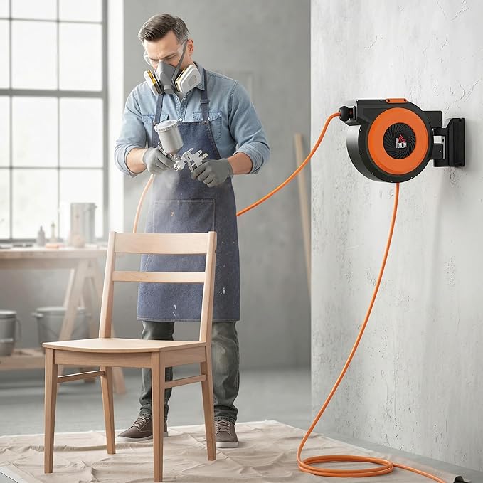 HOMCOM Retractable Air Hose Reel, Wall Mounted Air Compressor Hose Reel with Swivel Bracket, Auto Rewind, 3/8 in x 82 ft, 6.6 ft Lead in, 300 PSI, Air Coupler, Black and Orange
