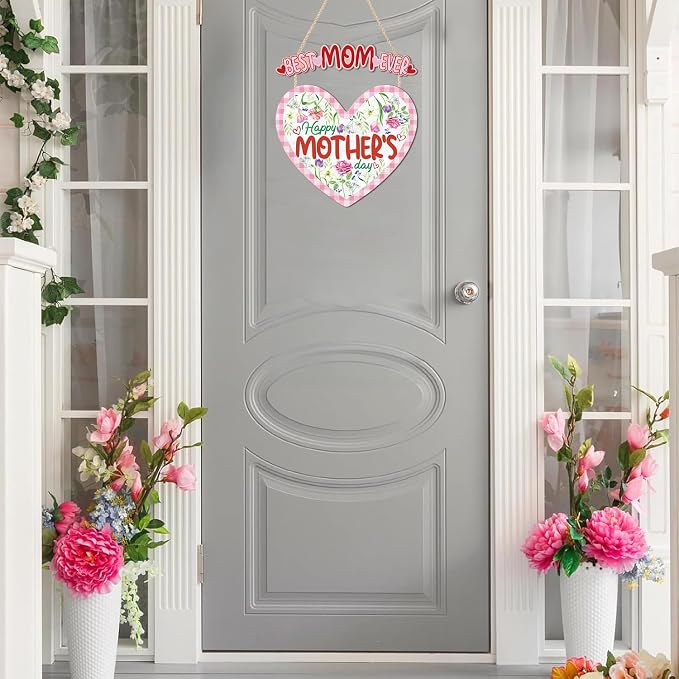 HOURIA Happy Mother's Day Wooden Sign(11.4”x12.5”),Vintage Best Mom Ever Wall Decor,Pink Flower Heart Shaped Door Hanger for Mom Grandma Woman