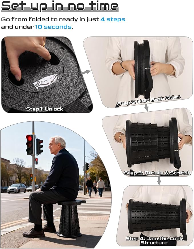 Spisces 2026 Heavy Duty XXL Collapsible Stool | 1000lbs Capacity, 20-in Taller & 13-in Wider Foldable Retractable Telescoping Stool for Adults, Oversized Camping, Fishing, Concert, Event, Stadium
