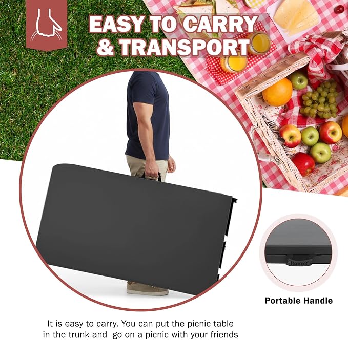 PayLessHere | 8FT Folding Table | Portable Plastic Table with Carry Handle | Waterproof & Foldable Table Design | Steel Frame with Lock | Black | for Events, Camping, Indoor & Outdoor Use