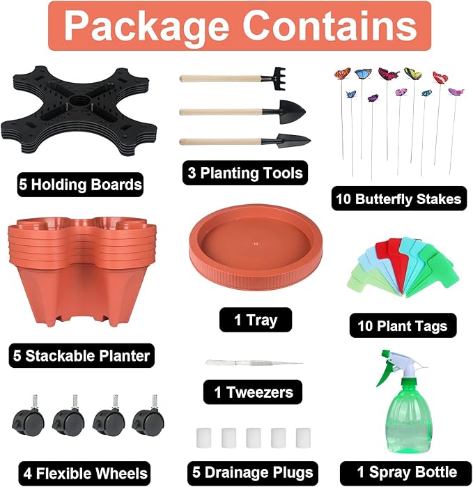 DUNCHATY Stackable Planters 6 Tier Vertical Garden Planting Tower Planters Strawberry, Herb, Flower, and Vegetable Planter Indoor Outdoor Gardening Pots with Removable Wheels and Tools