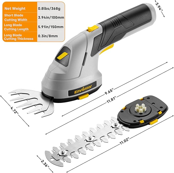 Enventor Cordless Hedge Trimmer and Grass Shear, 7.4V 2000mAh Rechargeable Battery, 2-in-1 Handheld Electric Grass Trimmer, Small Hedge Cutter with 2 Interchangeable Blades