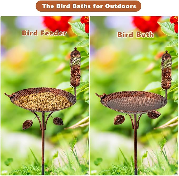 dreamysoul Metal Bird Baths for Outside, 46 Inches Tall Freestanding Birdbaths with Birdfeeder, 5-Pronged Bird Bath for Outdoors Garden Yard Patio Decor