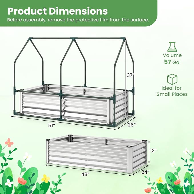 Giantex 4x2x3 FT Galvanized Raised Garden Bed with Greenhouse Cover, Outdoor Elevated Metal Planter Box w/Dual Roll-up Windows, Mini Greenhouse for Patio Balcony Vegetables Herbs Flowers (Silver)
