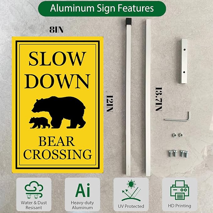 Bear Crossing Sign With Stakes Slow Down Sign For Neighborhoods Reflective Rustproof Aluminium Yard Garden Stake Caution Sign Wild Lawn Walkway Decorations Animal Signs 8X12 IN