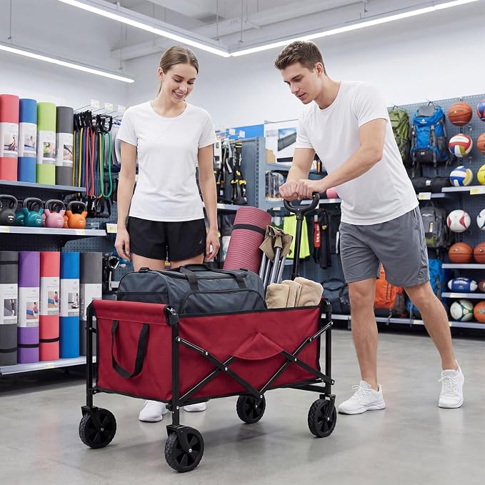 OLIXIS Collapsible Wagon 67L Compact Lightweight Utility Folding Wagon Cart with Wheels – 220 lbs Weight Capacity, Flexible Handle for Beach, Grocery, Camping, Shopping, Sports & Garden, Red