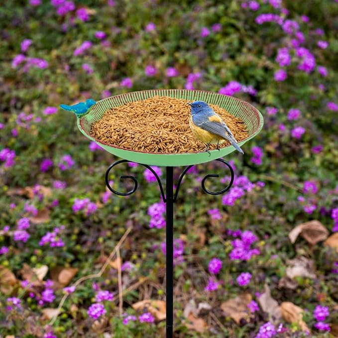 Metal Bird Bath for Outdoor,10" Standing Frees Birdfeeder with Metal Stake,Vintage Bird Baths Feeder Bowl for Outdoors Garden Patio Yard Lawn Decor (Green)