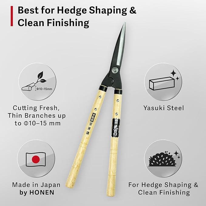 Japanese Hedge Shears, HOUNEN Professional Bypass Pruning Shears with Yasugi Steel Blades for Precise Hedge and Shrub Trimming