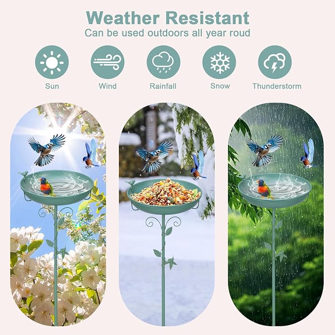 Bird Bath for Outside with 2 Bird Decor, Hummingbird on Pole & Sparrow on Bowl, 38.5 Inch Height Garden Birdbath, 12 Inch Antique Green Freestanding Birdfeeder Bath for Yard Patio