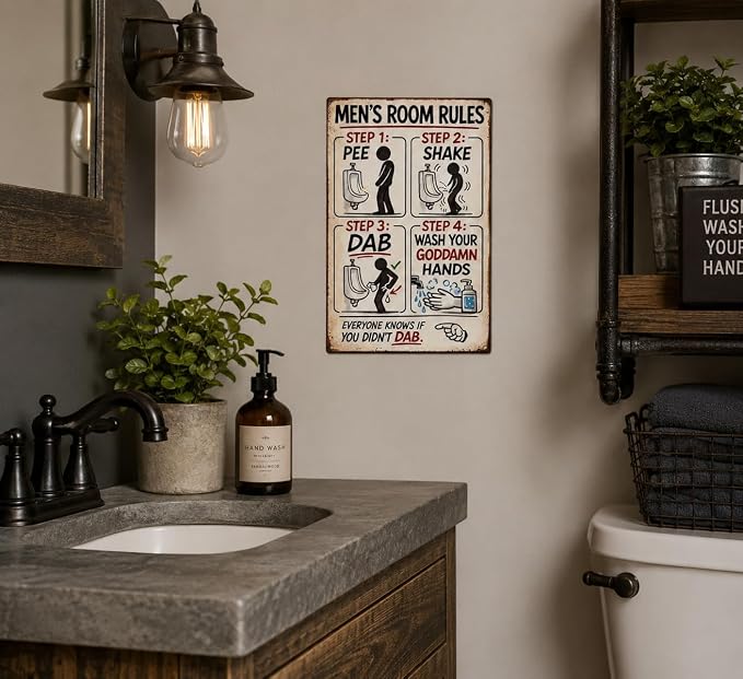 Men's Room Rules Funny Metal Sign, Vintage Bathroom Humor Wall Decor, Retro Restroom Step Guide Plaque for Man Cave Garage Bar Home Bathroom Decor 8x12 Inch