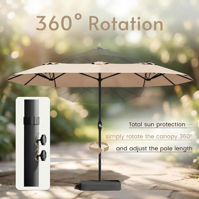 15ft Large Patio Umbrellas with Base Included, Outdoor Double-Sided Rectangle Market Umbrella with Stand, Outside Umbrellas for Poolside Lawn Backyard