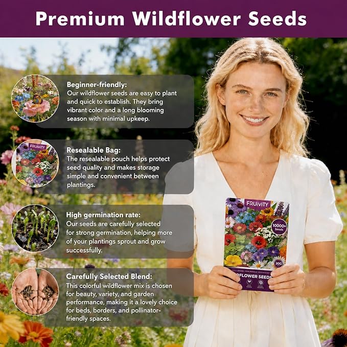 Wildflower Seeds Bulk 10000+, 1.06oz Butterfly Hummingbird Mix, 21 Variety Perennial Annual Mix, Heirloom Flower Seeds for Planting Outdoor Indoor, High Germination Rate Garden Seeds