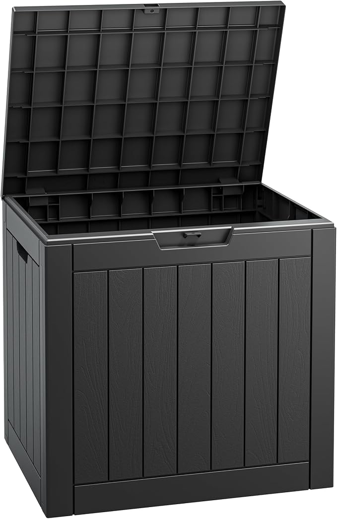Fancyango 32 Gallon Outdoor Deck Box Waterproof, 2 Packs Storage Box for Patio, Resin Storage Bench Lockable for Garden Tools, Package Delivery, Black