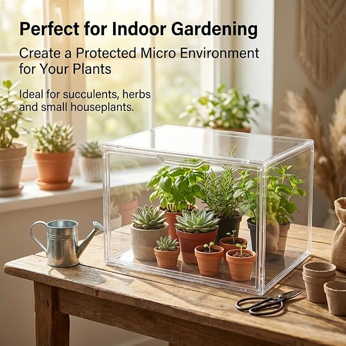 Indoor Mini Greenhouse for Small Plants, Stackable Tabletop Clear PET Greenhouse 14.2×8.7×10.7 in with Magnetic Door, Easy Assembly Plant Nursery, Includes Drainage Mats