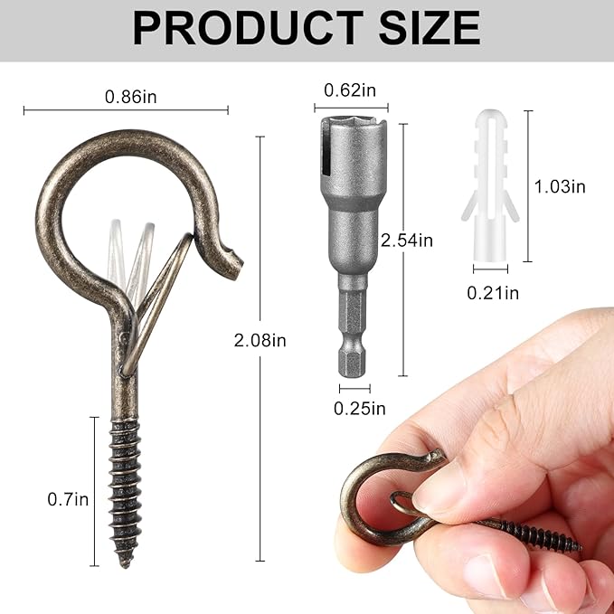 FSAH 36 PCS Q-Hanger Hooks, Screw Hooks for Outdoor String Lights, Safety Buckle Design Cup Eye Hook for Hanging Christmas Lights, Plants, Mounted on Wall Ceiling, Include 1 Wing Nut Driver, Copper