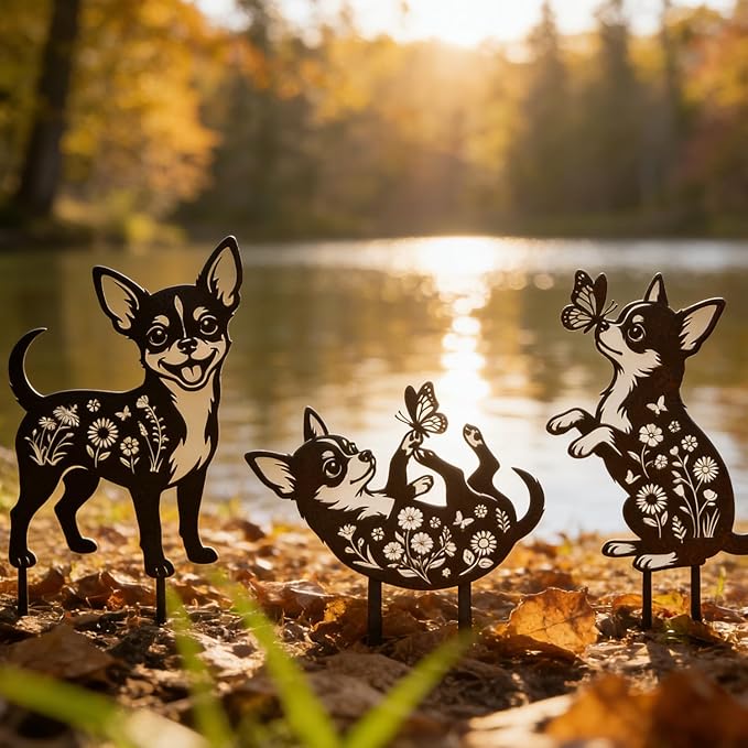 Rngmsi Dog Chihuahua Metal Decorative Garden Stakes Decor, 3PCS Chihuahua Statue Metal Yard Stakes for Garden Decor Yard Art Patio Outside Lawn Ornaments Outdoor, Dog Gifts for Women Men Mom